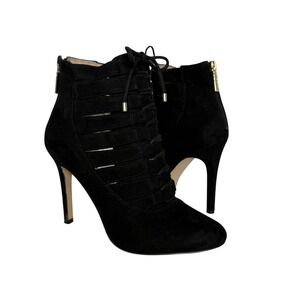 BCBG Black Suede Leather Ankle Boots Lace Up‎ Stiletto Heels Women's Shoes 8.5
